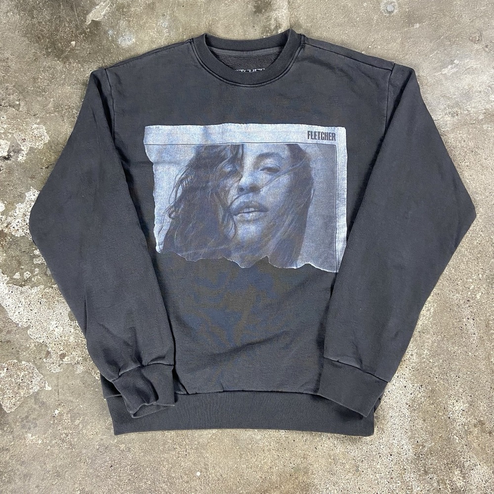 FLETCHER Sweatshirt Size Small Gray Crew neck Pullover Newsprint Pop Graphic